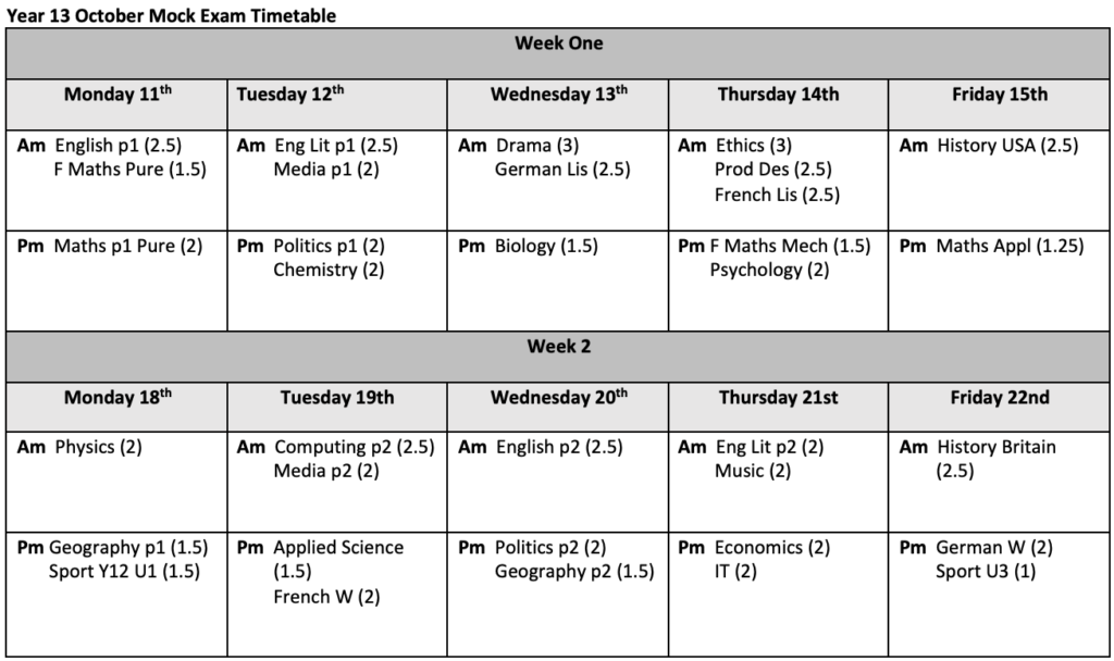 Year 13 Mock Exam Timetable 11th - 22nd October