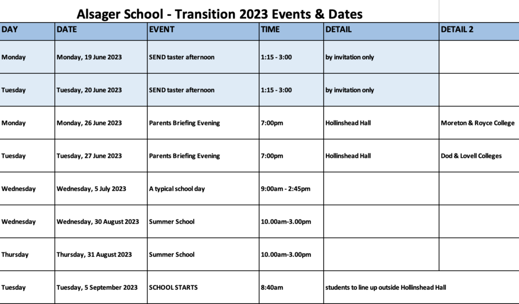 Alsager School - Transition 2023 Events & Dates