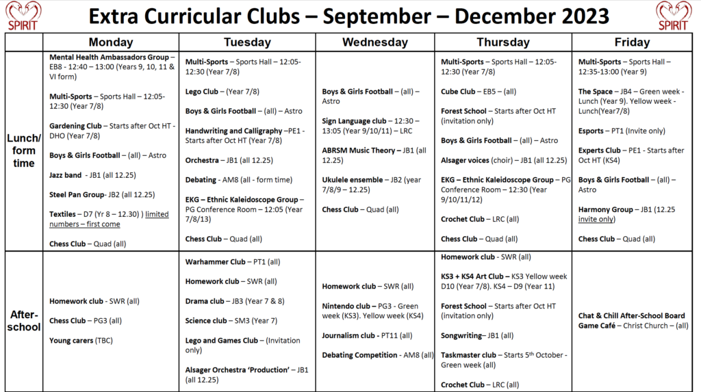 Extra curricular clubs