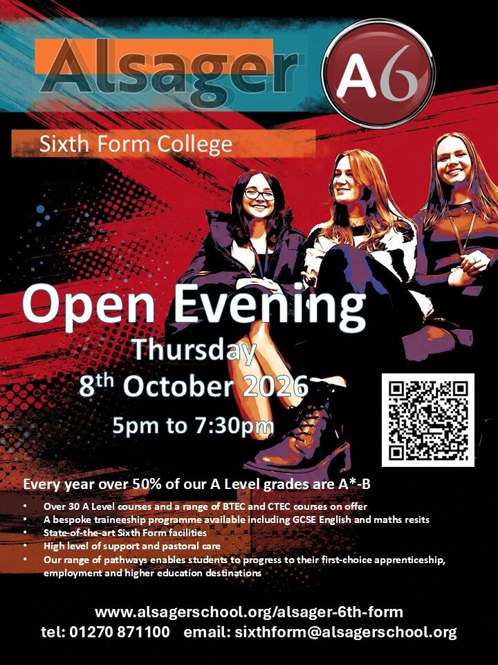 2026 Alsager Sixth Form College Open Evening Ad 25th September 2026