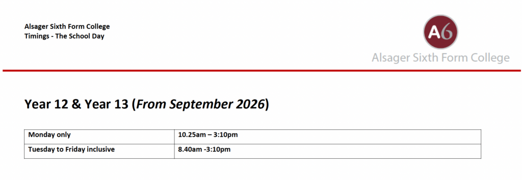 Sixth Form School Day Timings
